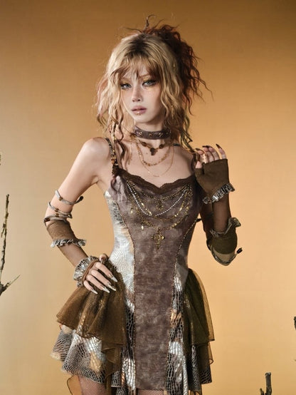 Brown Wasteland Punk Snakeskin Pattern Contrast Lace Patches Asymmetrical Hem Cami Top