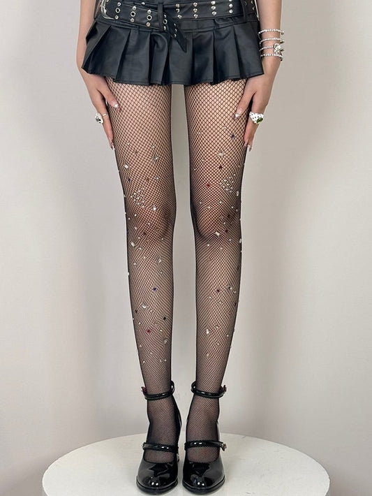 Black/White/Brown/Red Y2K Rhinestone Decorated Fishnet Design Tights