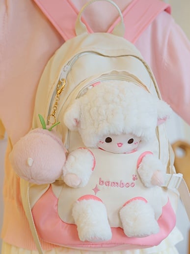 White And Pink Plush Backpack With A Detachable Lamb Plushie