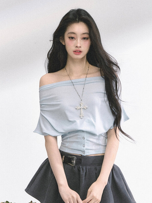 Off-the-shoulder Neckline Gray / Water Blue Slim-fitting T-shirt