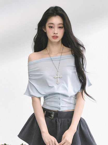 Off-the-shoulder Neckline Gray / Water Blue Slim-fitting T-shirt