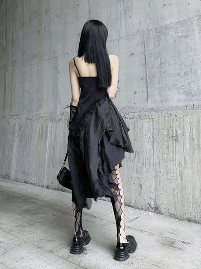 Black Asymmetrical Hem Flounce Trim Glamorous Cami Dress