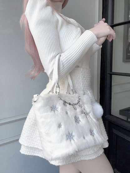 Light Blue Snowflake Embroidery Plush Tote Bag with Beaded Chain / Rhinestone Chain
