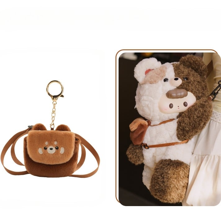 White&Brown Split Color Plush Bear Backpack/Crossbody Bag + Keychain