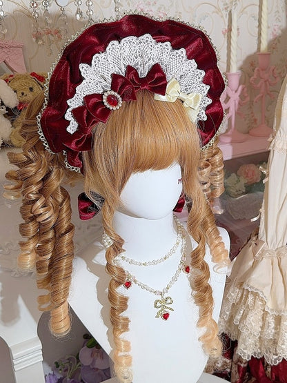 Wine Red/Black Velvet Lace Trim Bonnet + 4 Bowknot Brooches