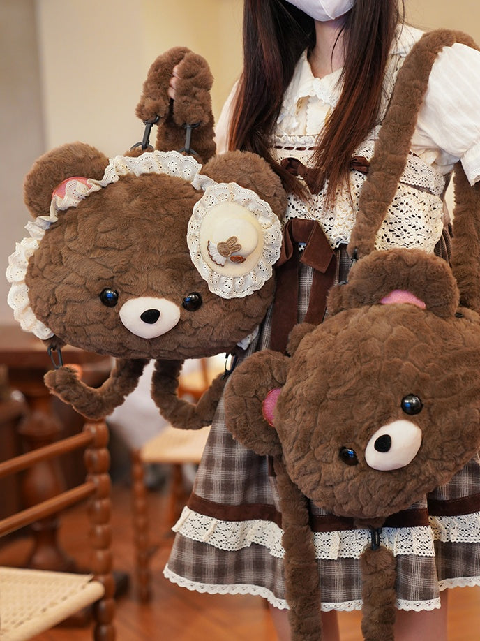 Brown Bear-shaped Lace Design Plush Backpack