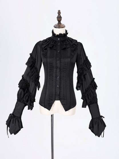 Ruffled High Neck Black Bead Chain and Cascading Ruffles Long Sleeves Siren Shirt