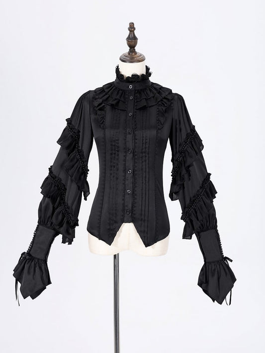 Ruffled High Neck Black Bead Chain and Cascading Ruffles Long Sleeves Siren Shirt