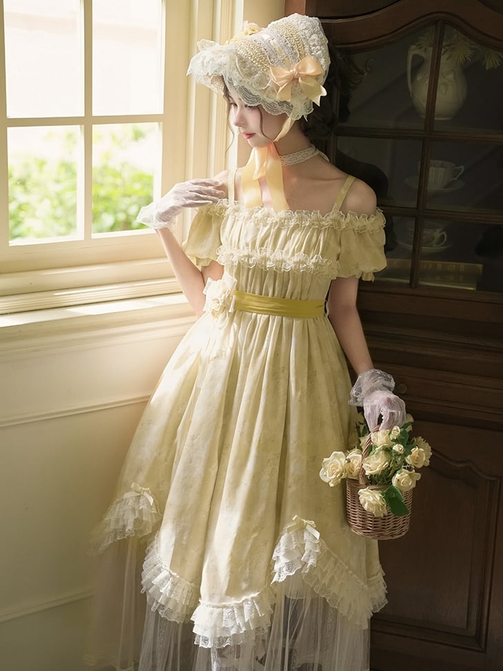 Butterfly and Bows Print Light Yellow Versatile Neckline High Waist Lolita Dress