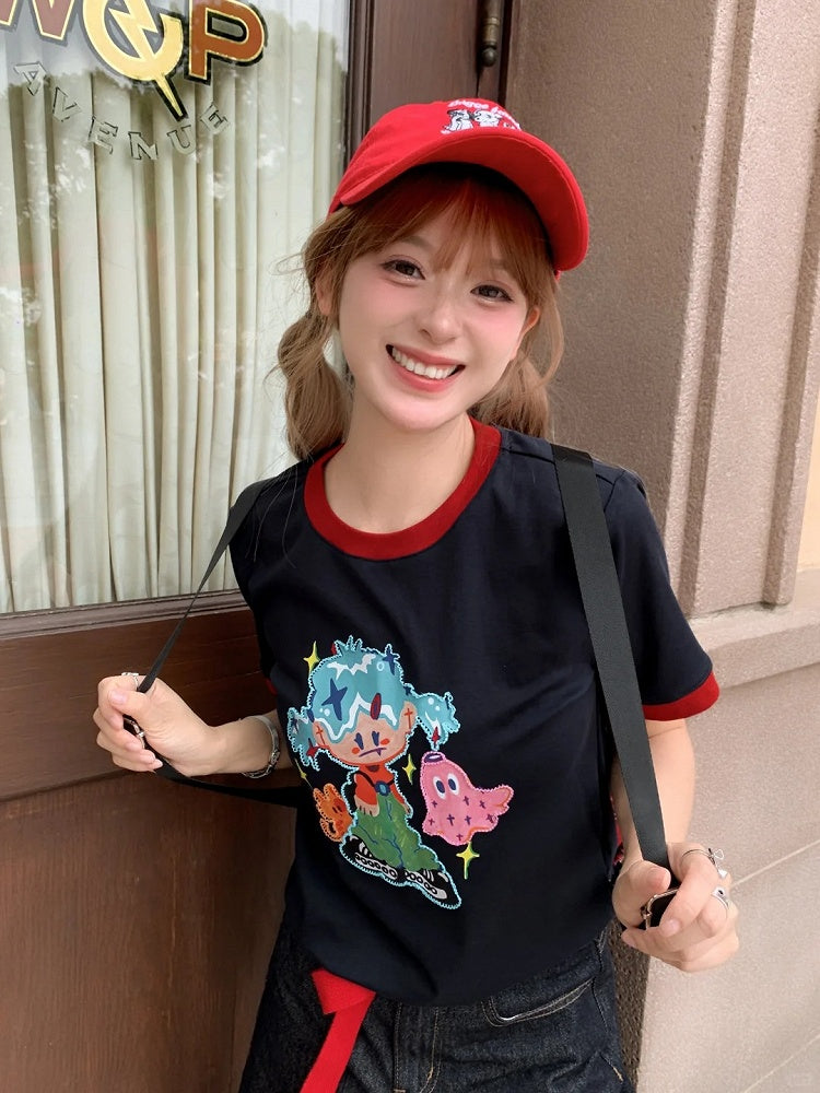 Navy Blue Round Neck Cartoon Print Contrast Trim T-shirt