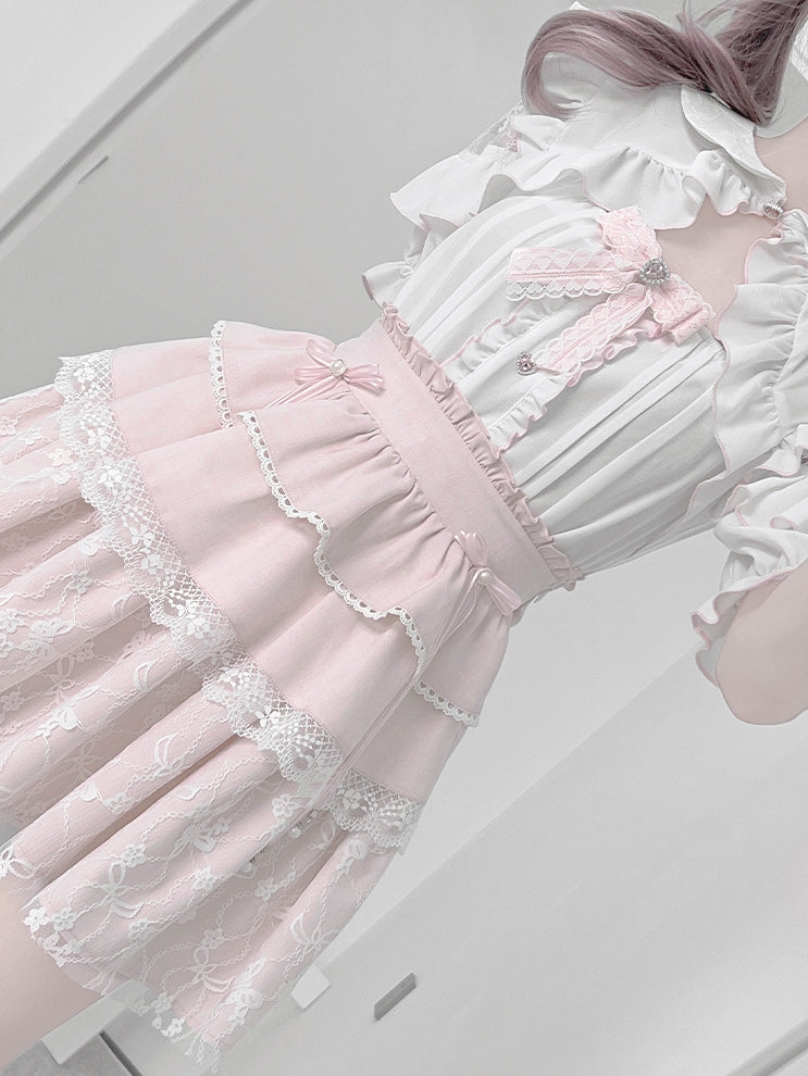 White Peter Pan Collar Cutout Shoulder Blouse+ Pink Tiered Skirt+ Bowknot Jirai Kei Set