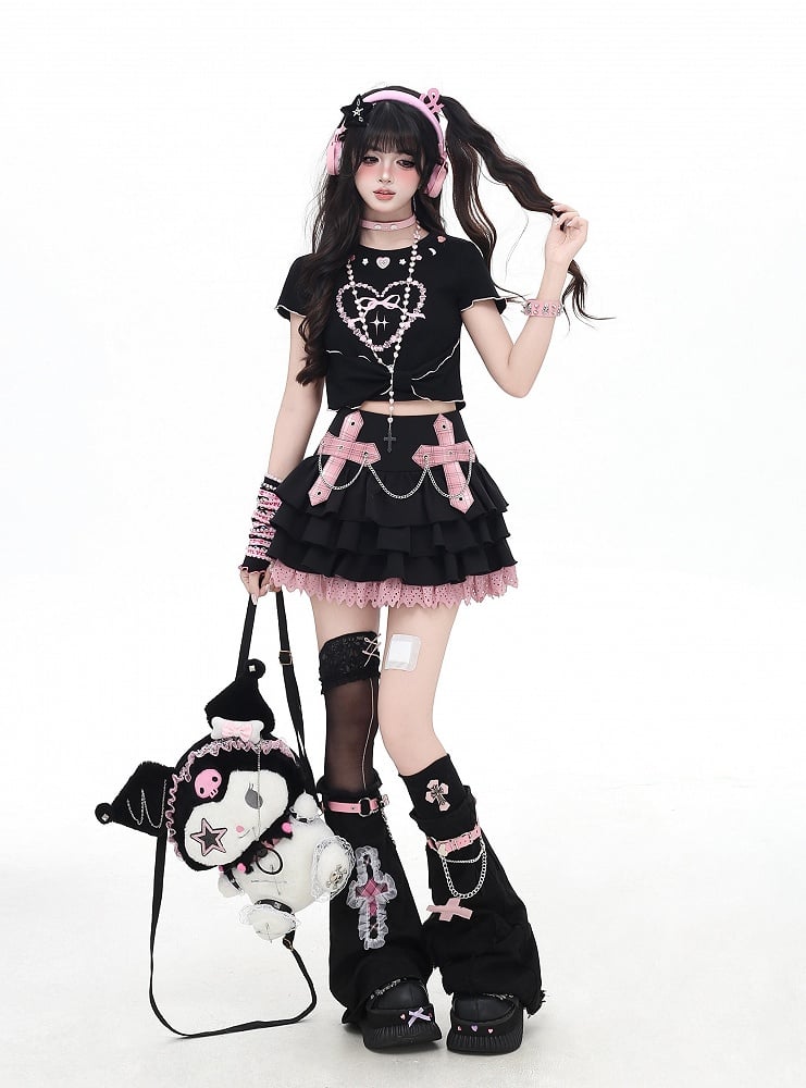 Chains Decorated Pink/Red Plaid Cross Appliques Lace Trim Tiered Skirt