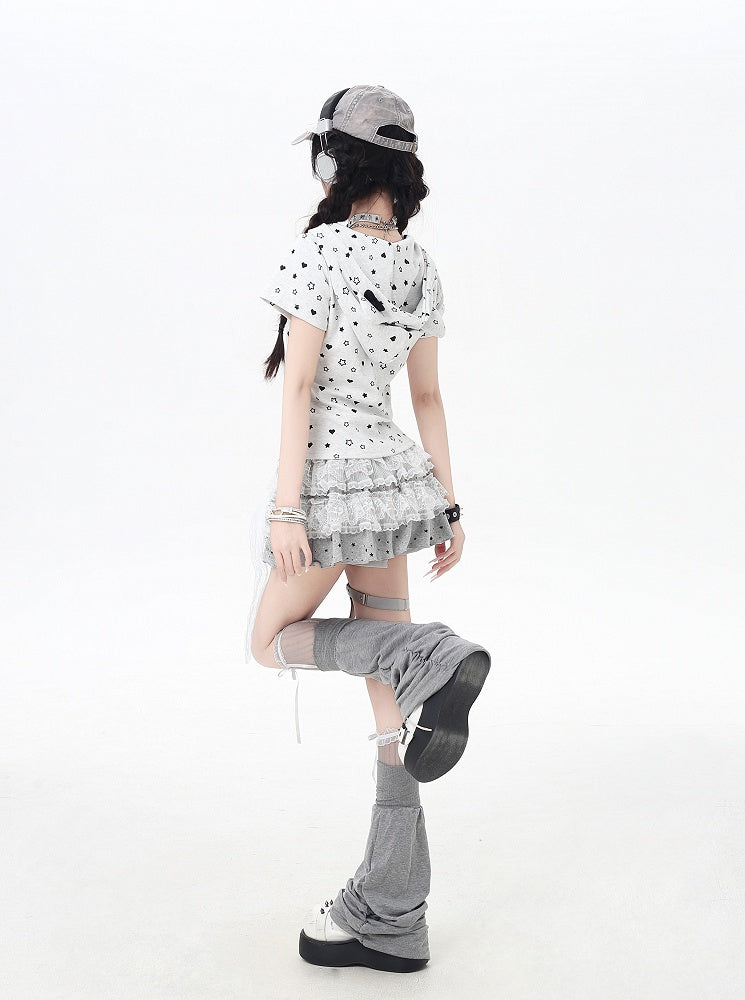 Y2K Kitty Ears Hood Allover Star and Heart Print Off White/Black Zip-up Jacket