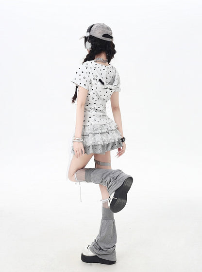 Y2K Kitty Ears Hood Allover Star and Heart Print Off White/Black Zip-up Jacket