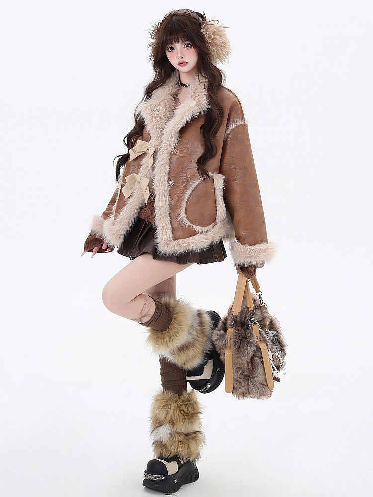 Clearance - Size S for Bust 120CM Brown Bowknot Details Sweet Winter Coat Plush Trim