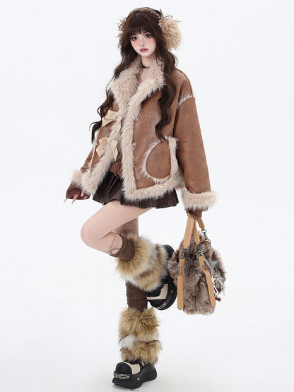 Clearance - Size S for Bust 120CM Brown Bowknot Details Sweet Winter Coat Plush Trim