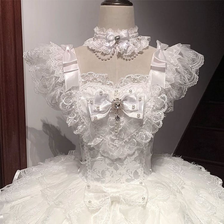 Angel White Butterfly Fabric Bodice Hanayome Tiered Skirt Lolita Hime Dress