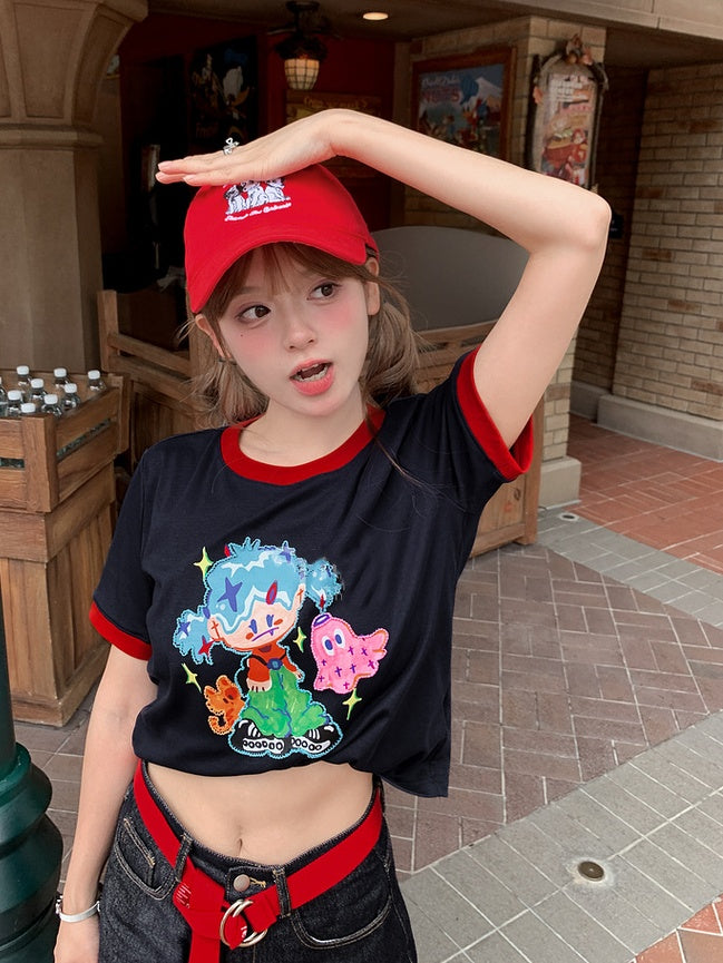 Navy Blue Round Neck Cartoon Print Contrast Trim T-shirt