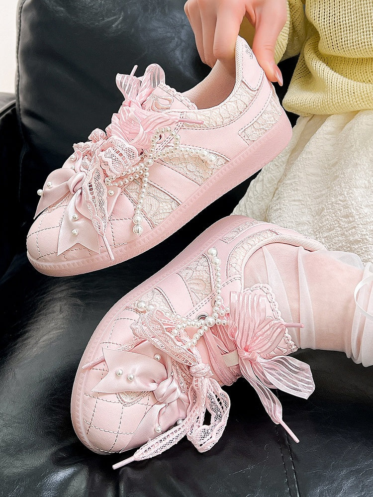 Pink Beaded Decorated Bow at Top Lace Front Lace-up Ties Sneakers