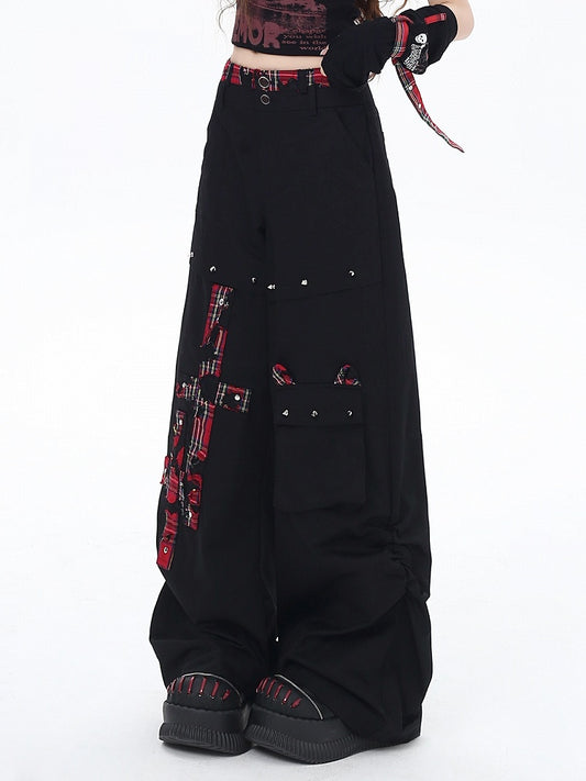 Black and Red Plaid Studs Detail Wide-Leg Pants