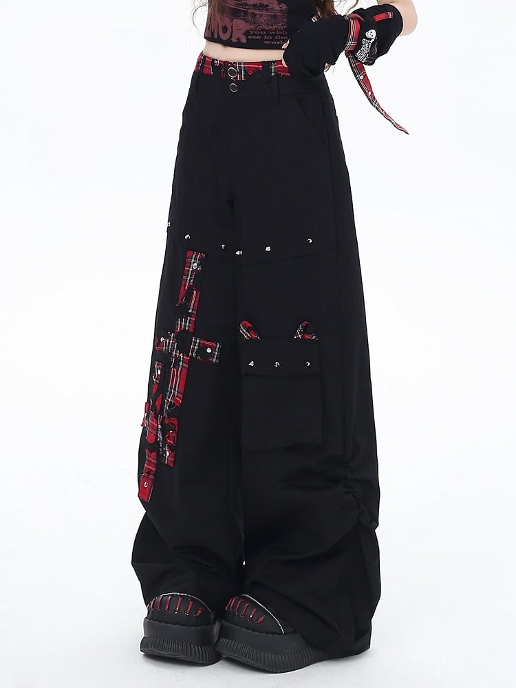 Black and Red Plaid Studs Detail Wide-Leg Pants