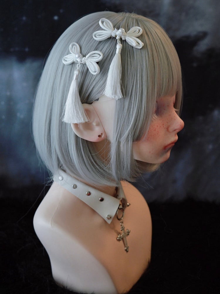 White Knot Button Tassel Hairclips