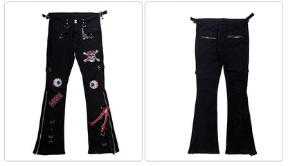 Skull and Chains Decorated Black Zips Design Punk Jeans