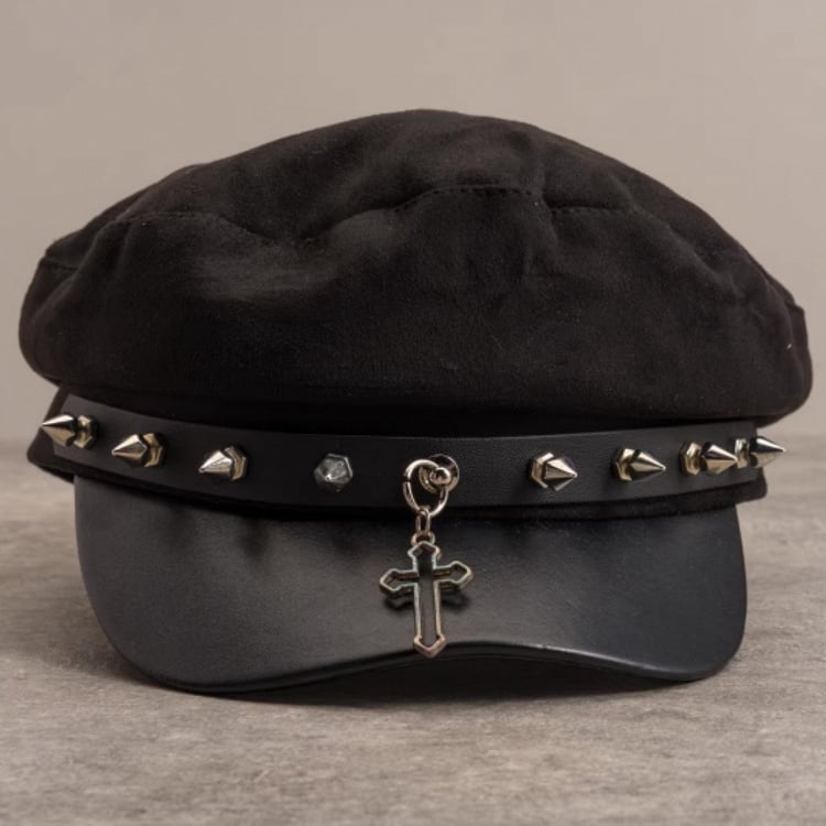 Punk Cross and Studs Black Gothic Hat