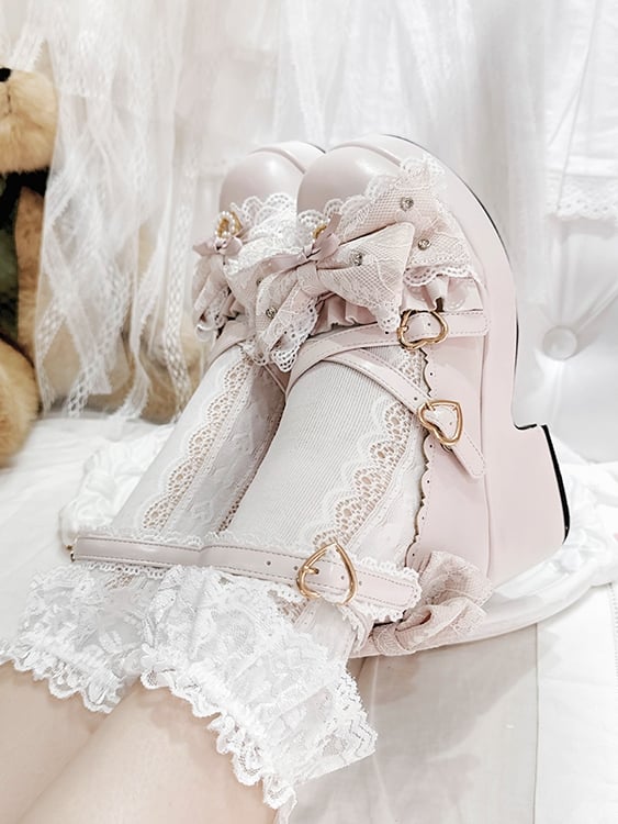 Pink Jirai Kei Bow at Top Crisscross Design Heart Buckles Platform High Block Heels Shoes