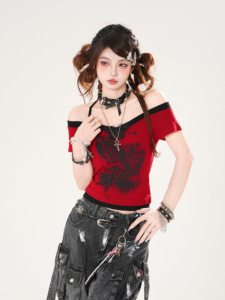 Off-the-shoulder Neckline Butterfly Applique Red/White/Gray Halter Neck T-shirt