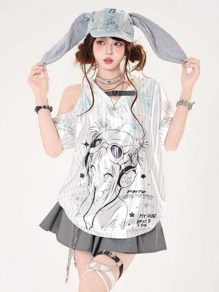 Anime Girl Print Cutout Shoulder White Striped Pattern V-neck Satin T-shirt