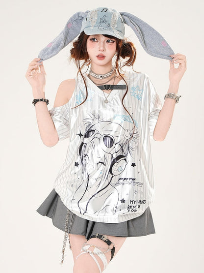 Anime Girl Print Cutout Shoulder White Striped Pattern V-neck Satin T-shirt