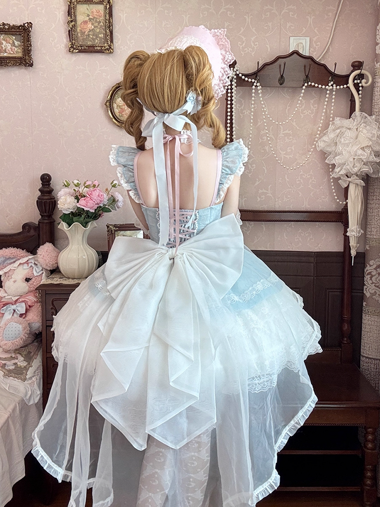 Light Blue Flutter Sleeves Three-layered Tiered Skirt Balletcore Sweet Lolita Jumper Skirt