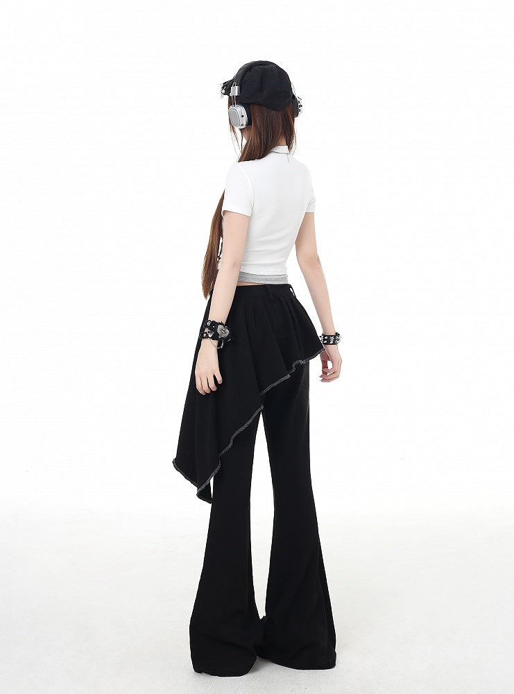 Black Asymmetrical Hem Lace-up Detail Flared Pants Faux Two-Piece with Lace Waist Belt