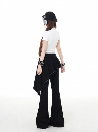 Black Asymmetrical Hem Lace-up Detail Flared Pants Faux Two-Piece with Lace Waist Belt