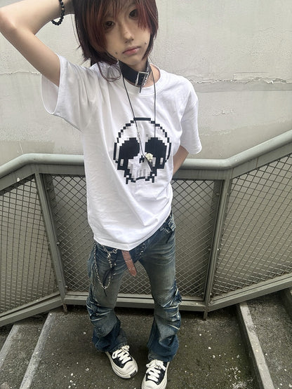 Black/White Round Neck Pixel Skeleton Print Cotton T-Shirt