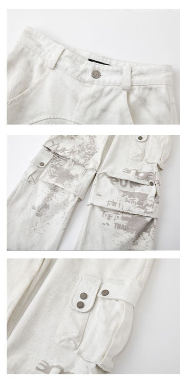 Punk White Distressed Streetwear Wide Leg Cargo Jeans