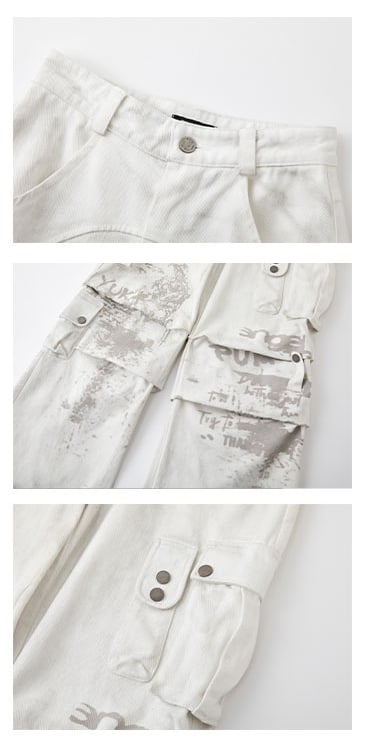 Punk White Distressed Streetwear Wide Leg Cargo Jeans