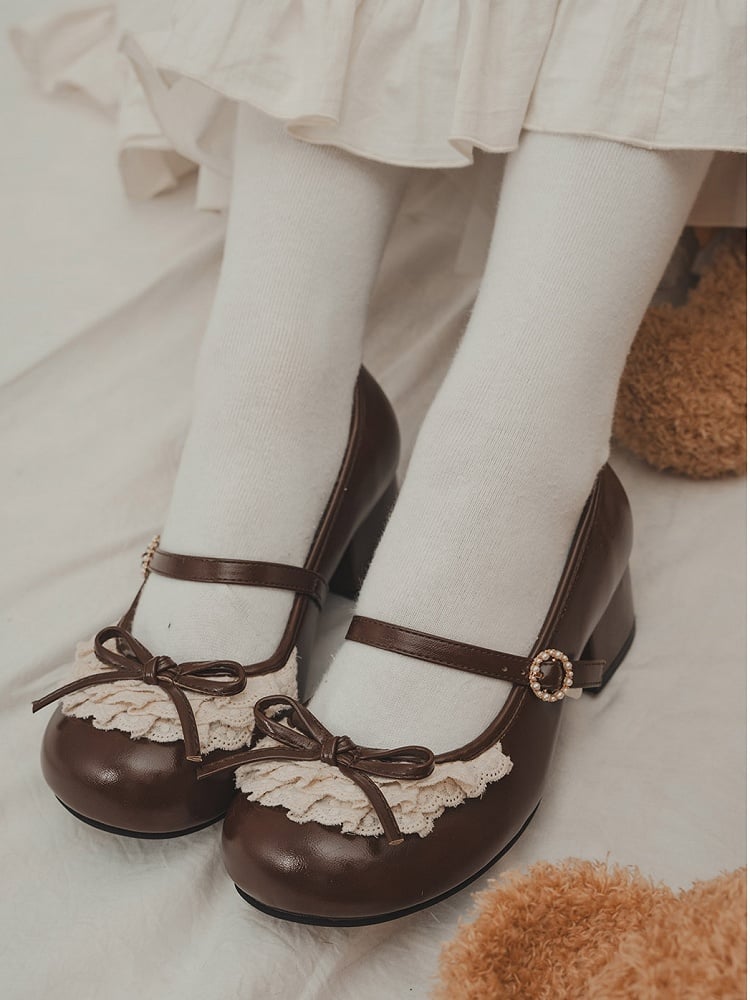 Chocolate Brown Knotted Bow Accent Lace Trim 2.2CM/4.3CM Heels Round Toe Mary Janes