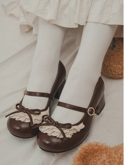 Chocolate Brown Knotted Bow Accent Lace Trim 2.2CM/4.3CM Heels Round Toe Mary Janes