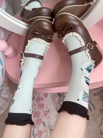 Mint Green Chocolate Cake Jelly Print Lolita Calf Socks