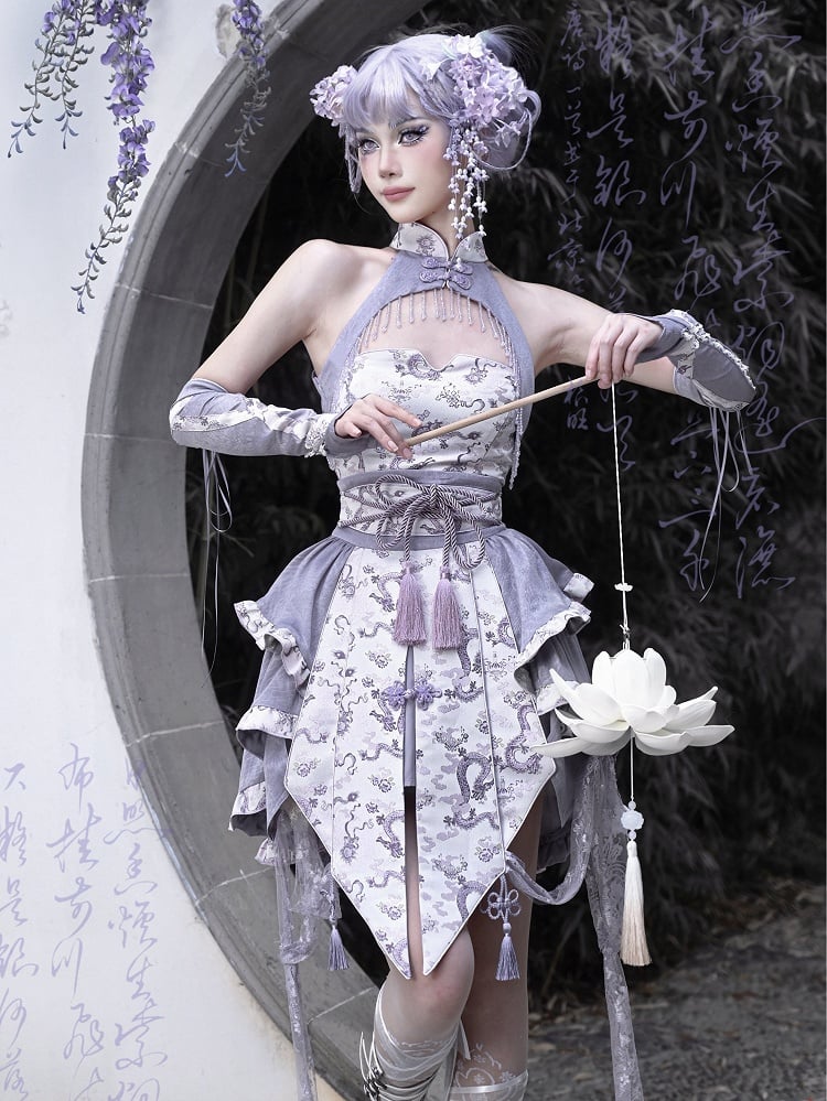 Purple Cheongsam Banded Collar Halter Neck Top Chinoiserie Dragon Print