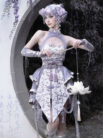 Purple Cheongsam Banded Collar Halter Neck Top Chinoiserie Dragon Print