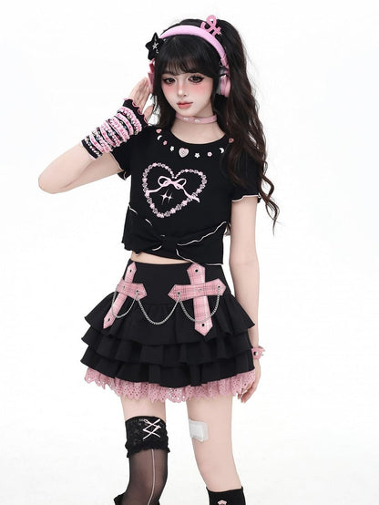 Cute Buttons Neckline Big Bow Hem Sweetheart Print White/Black T-shirt