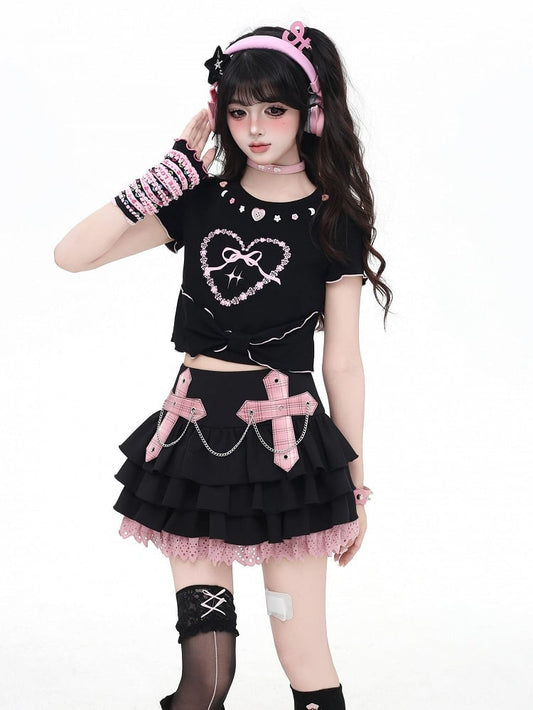 Cute Buttons Neckline Big Bow Hem Sweetheart Print White/Black T-shirt