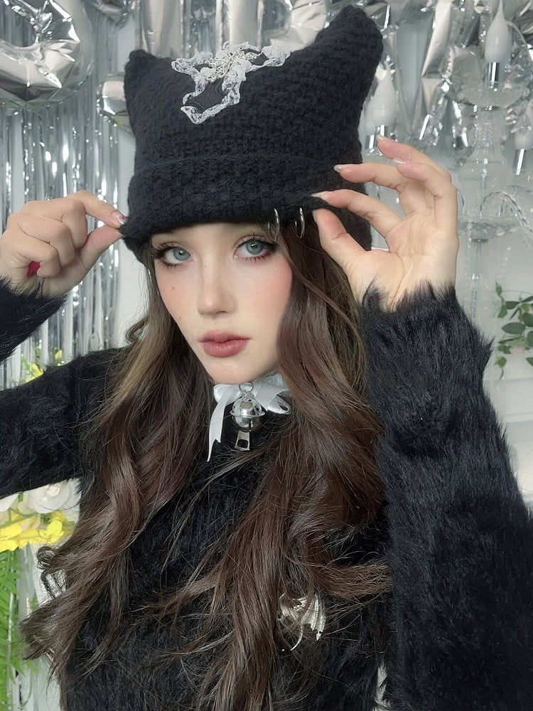 Punk Black Cat Ears Design Cross Patch Knit Hat
