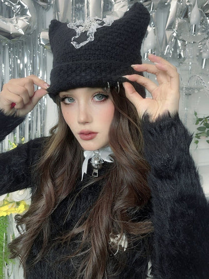 Punk Black Cat Ears Design Cross Patch Knit Hat