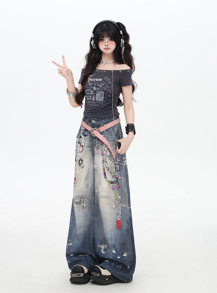 Chains Print Splash Ink Details Blue Low Rise Distressed Wide-leg Jeans