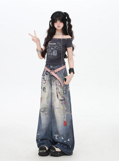 Chains Print Splash Ink Details Blue Low Rise Distressed Wide-leg Jeans