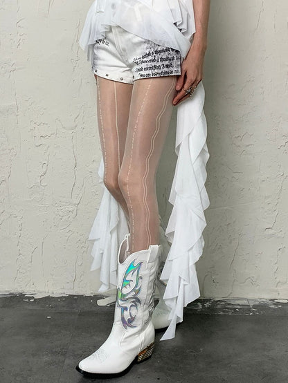 Black/White/Gray/Purple Y2K Floral and Striped Pattern Tights